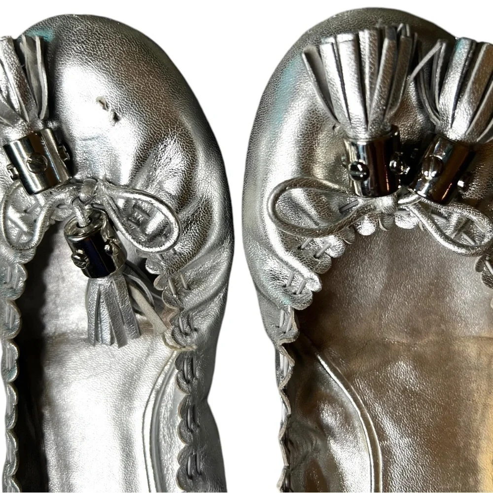 Tory Burch Reese Silver Flats with Tassels